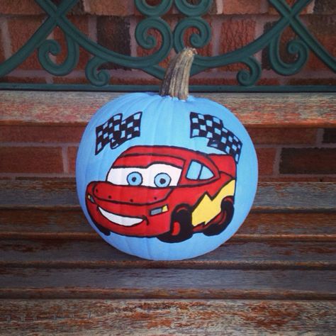 Lightning McQueen painted pumpkin Lightning Mcqueen Pumpkin Painting, Lightning Mcqueen Pumpkin, Pumpkin Competition, Halloween Library, Paint Pumpkins, Pumpkin Paint, Creative Pumpkin Painting, Halloween Themed Food, Pumpkin Carving Ideas