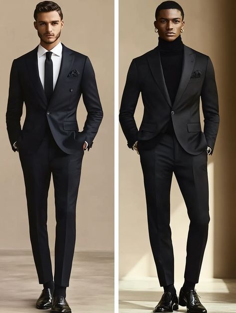 Whether you prefer classic elegance or modern edge, SuitCentury has the perfect suit for every style. Which look suits you best?   #SuitCentury #TailoredStyle #MensFashion #EventReady #blacktie #tuxed #menswear #bespoke #tailor Mens Black Turtleneck Outfit Suit, Black Suit With Turtleneck, Men Suit Outfit Ideas, All Black Turtleneck Outfit, Suit With Turtleneck, Black Turtleneck Outfit, Grooms Suit, Turtleneck Outfit, Black Suit