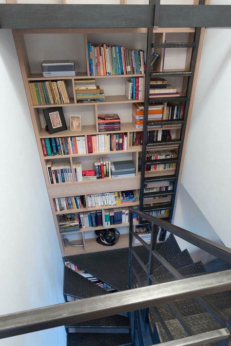 Bookshelves In Stairwell, Bookshelves Staircase, High Bookshelves, Staircase Library, Tall Library, Library Staircase, Staircase Bookshelf, Stair Bookshelf, Stairs Landing