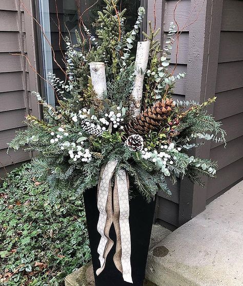 Holiday Planter Ideas | TierraVerde Recycled Rubber Planters Holiday Planters Front Porches Diy, Winter Tall Planter Ideas, Urn Christmas Decor, Diy Outdoor Winter Planter, Front Porch Winter Planters, Large Outdoor Christmas Planter Ideas, Deborah Silver Winter Planters, Winter Planter Box Ideas, Holiday Planter Ideas