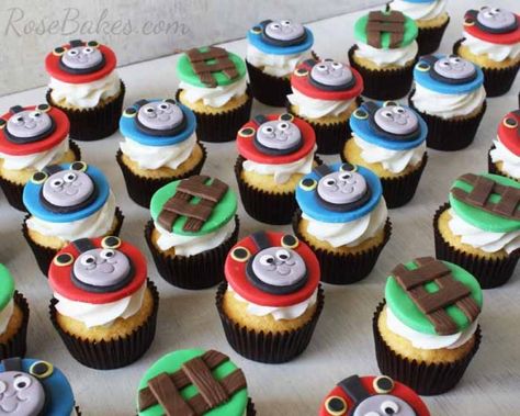 Thomas the Train and Train Tracks Cupcakes Thomas Cupcakes, Train Cupcake Toppers, Train Cupcakes, Thomas Train Cake, Thomas Birthday Parties, Thomas Cakes, Thomas The Train Birthday Party, Thomas The Train Party, Decorated Cupcakes