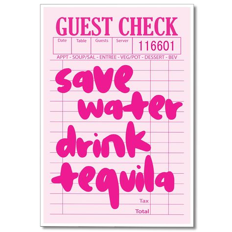 PRICES MAY VARY. 🩰 Whimsical Wall Art: Discover our unique collection featuring the "Guest Check Wall Art," a creative and playful addition to your decor. Sized from 12x16 inches to 24x36 inches, this artwork brings a touch of humor to your space while showcasing the charm of a classic guest check. 🩰 Pretty in Pink: Elevate your ambiance with the delightful "Pink Poster." Its soft pink tones and elegant design effortlessly infuse your surroundings with a sense of tranquility and style. This po Save Water Drink Tequila, Hot Pink Wall Art, Hot Pink Walls, Retro Bar Cart, Art Cocktail, Tequila Bar, Dorm Apartment, Preppy Kitchen, Pink Bar