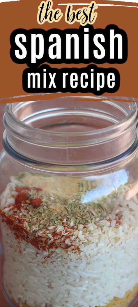 Homemade spanish rice mix in a jar with ingredients you already have on hand. One of my favorite DIY homemade mix recipes! Spanish Rice Mix In A Jar, Diy Mixes In A Jar, Spanish Rice Seasoning Recipe, Diy Rice A Roni Recipe, Rice Mixes In A Jar, Diy Rice A Roni Seasoning Mixes, Rice Mix Recipes, Diy Spanish Rice, Rice Seasoning Mix Recipes