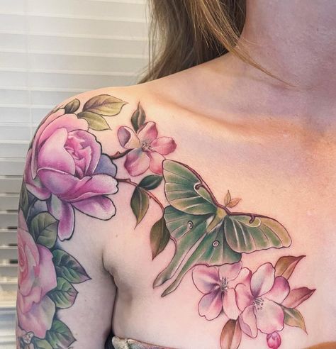 Beautiful Floral Tattoos, Luna Moth Tattoo Design Color, Moth Peony Tattoo, Colorful Chest Tattoo Female, Realistic Luna Moth Tattoo, Luna Moth Elbow Tattoo, Luna Moth Shoulder Tattoo, Green Luna Moth Tattoo, Luna Moth And Flowers Tattoo