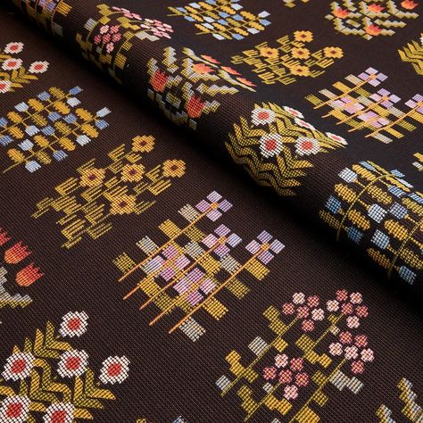 Annika Floral Tapestry - Multi On Espresso Fabrics | Schumacher Floral Tapestry Pattern, Minimal Embroidery, Weaving Tapestry, Floral Textile, Star Motif, Schumacher Fabric, Textiles Techniques, Tapestry Fabric, Cross Stitch Samplers