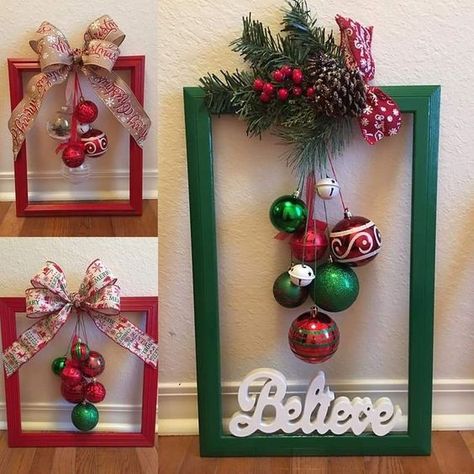 Wall Hanging Frames, Christmas Frames Diy, Christmas Ornament Frame, Christmas Decor Wall, Snowman Ideas, Frames Decor, Christmas Picture Frames, Cadre Diy, Christmas Decorations Diy Crafts