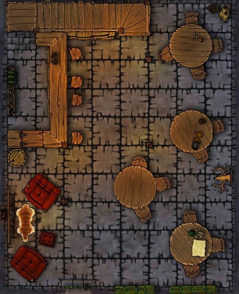 Bar / Tavern D&D Battle Map Dnd Tiles, Taverna Medieval, Dnd Board, Pathfinder Maps, Warhammer Quest, Modelling Tips, Dungeon Tiles, Dnd World Map, Building Map