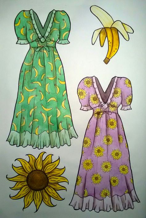 Banana and sunflower versions of the strawberry dress drawing using watercolours, fineliners and coloured pencils Sunflower Dress, Sunflower Drawing, Fashion Illustration Collage, Strawberry Dress, Dress Illustration, Dress Drawing, Coloured Pencils, Fashion Illustration, Childrens Books