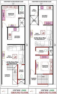 15x50 House Plan, Smart House Plans, Affordable House Design, One Floor House Plans, West Facing House, North Facing House, 20x40 House Plans, 30x40 House Plans, 2bhk House Plan