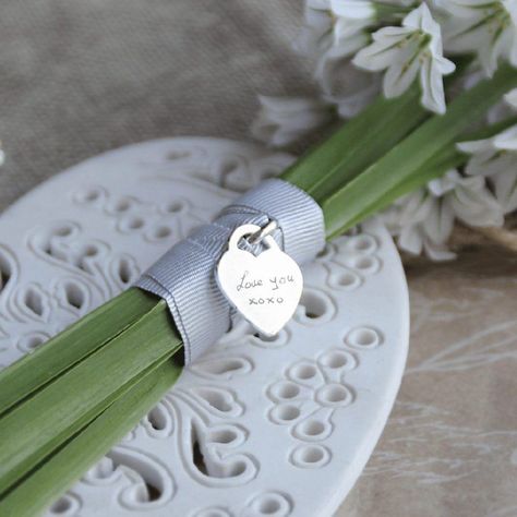 Wedding Bouquet Charms Heart Bouquet, Wedding Bouquet Charms, Engraved Handwriting, Bouquet Charms, Sterling Silver Heart Necklace, Personalised Jewellery, Wedding Jewellery Collection, Precious Memories, Keepsake Jewelry