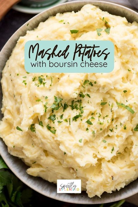 Top view of a bowl of boursin mashed potatoes with chopped parsley on top. Potatoes With Boursin Cheese, Boursin Mashed Potatoes, Boursin Cheese Recipes, Cheese Mashed Potatoes, Perfect Mashed Potatoes, Fluffy Mashed Potatoes, Best Mashed Potatoes, Cheesy Mashed Potatoes, Boursin Cheese