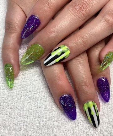 Beetlejuice Nails Acrylic, Beetlejuice Nails, Best Nail Colors, Halloween Nail Art Ideas, Summer Nails 2023, 2023 Nail, Short Almond Nails, Fun Nail Colors, Nagellack Trends