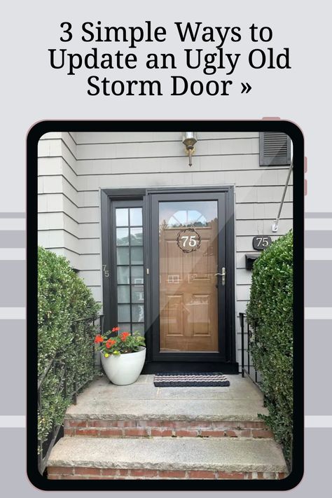 Storm Door Over Wood Door, Navy Front Door With Storm Door, Wood Door With Black Storm Door, Wooden Front Door With Storm Door, Replace Door With Window, Storm Door Paint Ideas, Painted Storm Doors For Front Door, Paint A Storm Door, Storm Door Colors