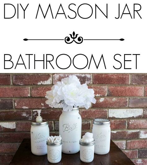 DIY Mason Jar Bathroom Set- ConsumerQueen.com- Oklahoma's Coupon Queen Diy Bathroom Ideas, Bathroom Art Diy, Solar Mason Jars, Simple Bathroom Decor, Diy Hanging Shelves, Diy Mason Jar, Mason Jar Bathroom, Mason Jar Projects, Creative Bathroom