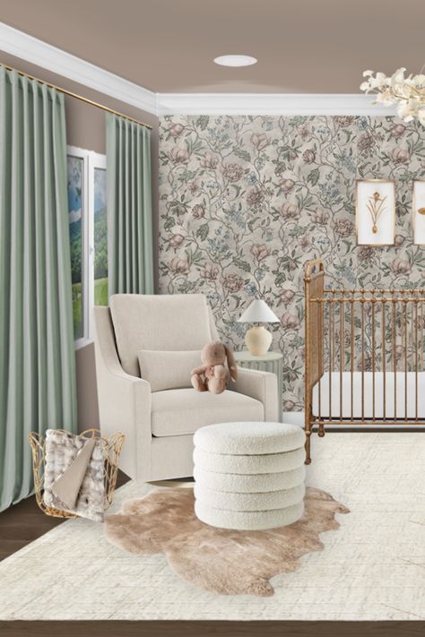 We wanted this floral nursery to have a charming and sophisticated feel. We opted for mauve in place of a bright pink for a for more timeless look. Green And Mauve Nursery, Mauve Baby Girl Nursery, Sage And Mauve Nursery, Sage Pink Nursery, Mauve Nursery Girl, Mauve Nursery, Pink And Green Nursery, Vintage Girl Nursery, Nursery Interior Design