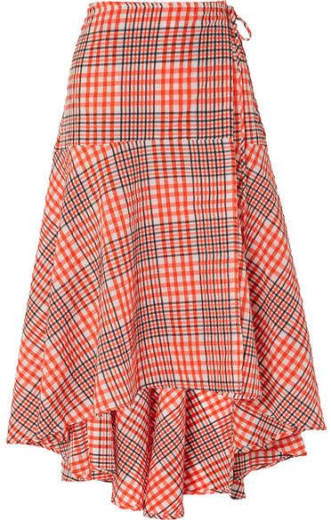 GANNI - Charron Checked Cotton-blend Seersucker Wrap Skirt - Tomato red Seersucker Skirt, Checked Skirt, First Date Outfits, Style Rut, Instagram Famous, Check Skirt, Skirt Trends, Asymmetrical Skirt, Faux Leather Skirt