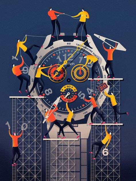 Inspired by a recent purchase of a Swatch watch, I loved the small details and colour palette of the design I thought it would lend itself really well to my style of illustration. So in between commissions i would wonder how the whole time piece was built… New Scientist, Plakat Design, Swatch Watch, Creative Industries, Illustration Inspiration, Flat Illustration, Illustrations And Posters, Editorial Illustration, Graphic Design Typography