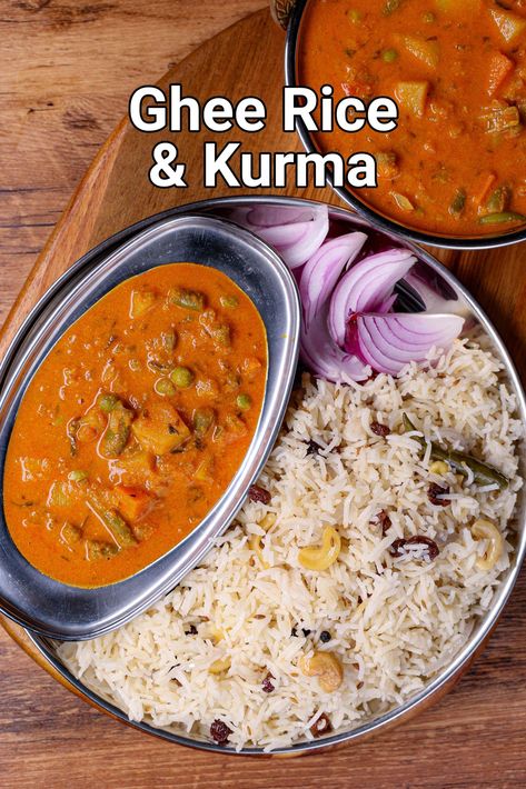 ghee rice kurma combo meal recipe | kurma for ghee rice or nei choru Veg Pulav Recipe, Hebbars Kitchen Recipes, Veg Pulav, Ghee Rice Recipe, Veg Kurma Recipe, Veg Kurma, Ghee Rice, Rice Curry, Kurma Recipe