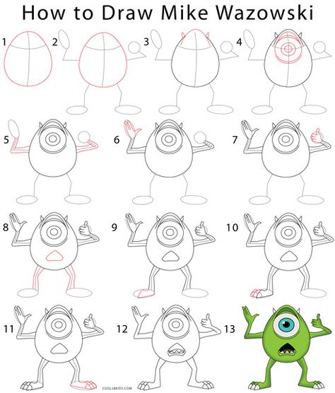 How to Draw Mike Wazowski Step by Step Drawing Tutorial with Pictures | Cool2bKids How To Draw Mike Wazowski, How To Draw Pixar Characters, Disney Doodles Step By Step, How To Draw Disney Characters Step By, How To Draw Characters Step By Step, Step By Step Cartoon Characters, Mike Wazowski Drawing, Disney Characters Easy, Easy Drawings Step By Step