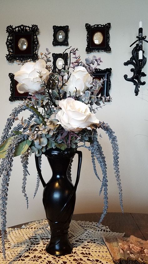 The Addams Family Movie, White And Gold Vase, Victorian Baby Shower, Steampunk Flowers, Tall Ceramic Vase, Floor Vase Decor, Addams Family Movie, Fake Flower Arrangements, Gothic Flowers