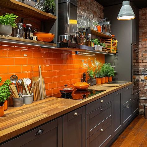 20+ Bold Studio Kitchen Ideas in Eye-Catching Orange • 333+ Art Images Burnt Orange And Black Kitchen, Vintage Orange Kitchen, Green Orange Kitchen, Burnt Orange Kitchen Cabinets, Studio Kitchen Ideas, Burnt Orange Interior, Burnt Orange Kitchen, Orange Elements, Orange Cabinets