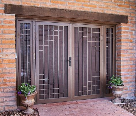 Geometric Style French Doors with Sidelights - First Impression Ironworks French Doors Security, French Doors With Sidelights, Security Door Design, Upvc French Doors, Modern Window Grill, Door And Window Design, Window Grill Design Modern, Door Grill, Main Entrance Door Design