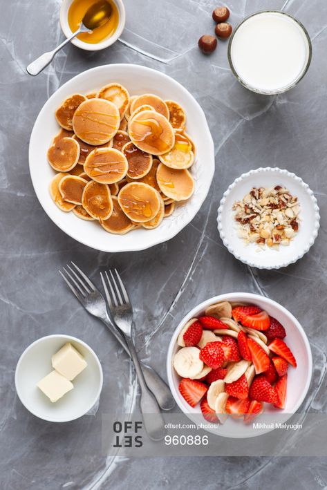 Mini pancakes served in white bowl with fresh strawberry, bananas, nuts, butter and honey stock photo - OFFSET Mini Pancakes, White Bowl, Banana Nut, Strawberry Banana, White Bowls, Fresh Strawberry, Food Photo, Bananas, Nuts