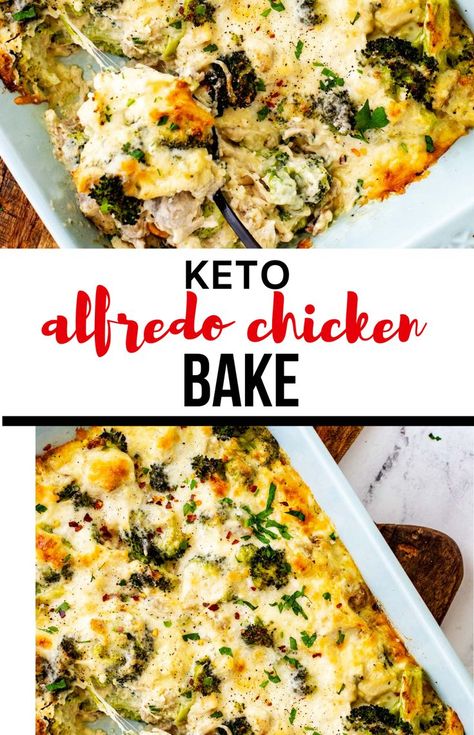 Prepare for mouthfuls of flavor when you make this deliciously easy casserole! This Keto Alfredo Chicken Bake is so simple to make and delights both kids and adults. Great on its own, you can also serve it over a keto-friendly pasta alternative. It reheats well, and leftovers make a filling lunch! Alfredo Chicken Bake, Keto Alfredo, Alfredo Chicken, Chicken Alfredo Bake, Keto Casseroles, Chicken Broccoli Alfredo, Pasta Alternative, Keto Casserole, Filling Lunch