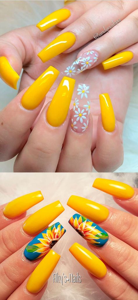 Summer Acrylic Nails Yellow, Yellow Nails With Sunflower, Yellow Coffin Nail Ideas, Short Yellow Nails Design, Cute Summer Acrylic Nail Ideas, Sunflower Yellow Nails, Yellow Acrylic Nails Coffin, Pretty Yellow Nails, Sunflower Nails Acrylic