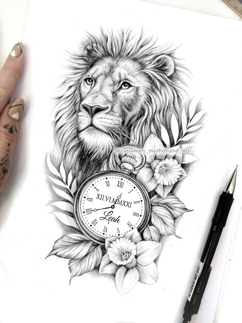 Lion face surrounded by flowers and leaves with a stopwatch. Drawn in a  realism art style for a tattoo design. Stopwatch Memorial Tattoo, Memorial Clock Tattoos For Women, Clock Tattoo For Kids Births, Daffodil Memorial Tattoo, Clock Lion Tattoo, Lion Clock Tattoo Design, Fierce Lion Tattoo, Stopwatch Tattoo, Clock Face Tattoo