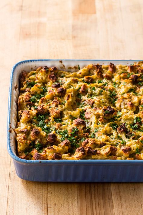 Amish Potato Filling. Creamy mashed potatoes combined with classic bread stuffing. Traditional Thanksgiving Sides, Bread Stuffing, Potato Filling, Donut Toppings, America's Test Kitchen Recipes, Fall Foods, Cooks Illustrated, America's Test Kitchen, Pennsylvania Dutch