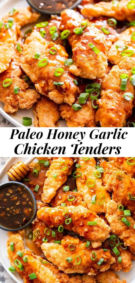 These tasty honey garlic chicken tenders have a crispy grain free “breading” and a sweet and savory honey garlic sauce that’s full of flavor! They’re easy to throw together and perfect to serve alongside your favorite veggies, over cauliflower rice, or over a salad. Kid friendly, paleo, gluten free, and delicious! #paleo #glutenfree #Chicken #cleaneating Paleo Honey Garlic Chicken, Chicken Recipes Paleo, Honey Garlic Chicken Tenders, Garlic Chicken Tenders, Crispy Chicken Salads, Paleo Running Momma, Breaded Chicken Recipes, Crispy Chicken Recipes, Chicken Tenderloin Recipes