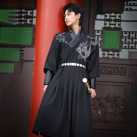 Tang Dynasty Hanfu Men, Hanfu Street Style, Chinese Traditional Clothing Men, Midnight Black Hair, Hanfu Shirt, Black Hanfu, Tang Dynasty Clothing, Men Hanfu, Hanfu Skirt