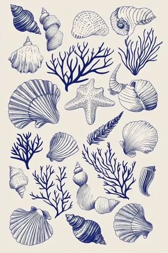 ↑↑↑ Larger size on website 🔸 The image is a collection of hand-drawn illustrations of seashells, starfish, and sea plants. The de Marine Plants Illustration, Star Fish Illustration, Sea Life Sketches, Sea Animals Illustration, Sealife Drawing, Starfish Illustration, Starfish Drawing, Sea Murals, Lines Illustration