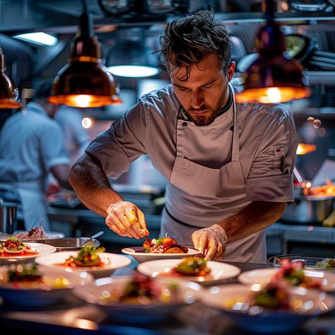 Download 'Chef Plating Dish' - Chef meticulously garnishing a dish in a busy, professional kitchen illuminated by warm overhead lights. - Get this free stock photo and more high-quality images on StockCake. No attribution required. Chef Holding Plate, Chef Photo Shoot Ideas, Culinary Photoshoot Ideas, Cooking Photoshoot Ideas, Chef Pictures Image Cooking, Chefs Photoshoot, Chef Portrait Photography, Chef Photoshoot Ideas, Someone Cooking