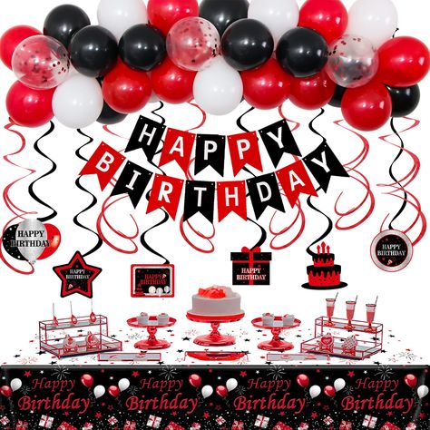 PRICES MAY VARY. 🎈All-in-one Package -- A perfect party set for all your birthday party decoration needs!!! The red black birthday decorations kit includes 1 x red black HAPPY BIRTHDAY banner, 6 x red black hanging swirls pendants, 6 x red hanging swirls, 25 x 10in latex balloons(10 x red + 10 x black + 5 x white), 3 x 12in 3 x red confetti balloons, 1 x disposable red black birthday tablecloth, 1 x balloons arch strip, 1 x dot stickers, 1 x ribbon. ❤Red & Black Birthday Decorations -- Red blac Blue Red Black Party Decorations, Black Party Decorations Birthday, Red And Black Party Decorations, Red And Black Party, Youtube Party, Red Confetti, Black Party Decorations, Balloons Arch, Boy Birthday Decorations