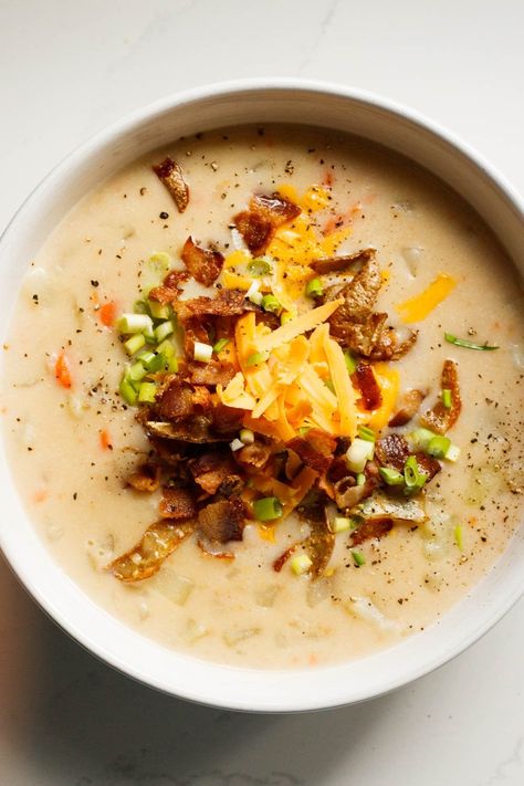 Creamy Potato Soup with Bacon, Cheddar, and Scallions — Amanda Frederickson Chicken Bacon Potato Soup, Cheddar Bacon Potato Soup, Creamy Potato Soup With Bacon, Potato Soup With Bacon, Couple Notes, Potato Cheddar Soup, Crispy Potato Skins, Soup With Bacon, Potato Bacon Soup