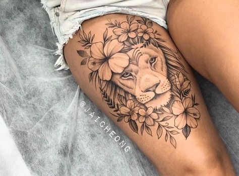 Thigh Tattoos Lion, Lion Leg Tattoo, Lion Tattoo Images, Lion Tattoo On Thigh, Tattoos Lion, Tattoo On Thigh, Girl Thigh Tattoos, Flower Thigh Tattoos, Lioness Tattoo