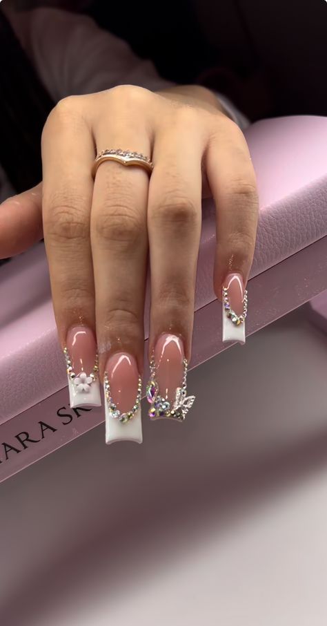 Nails Latina Medium, French Tip Acrylic Nails With Gems, Nails With Pixie Crystals, Extra Birthday Nails Medium Length, Nail Inspo Rhinestones, French Nails With Charms, French Tips With Rhinestones, Frenchies Nails, Gucci Nails