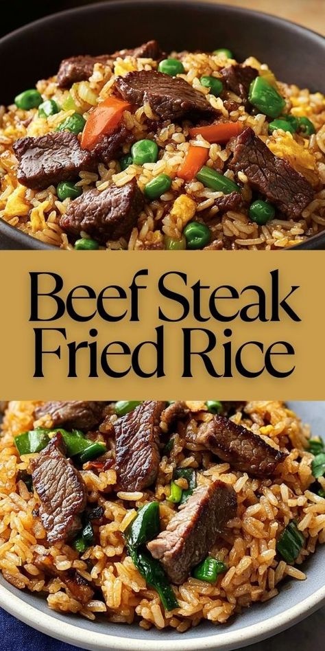 Beef Steak Fried Rice is a delicious, quick, and versatile dish perfect for any meal! 🥩🍚 With tender steak pieces, fluffy rice, and savory seasonings, this dish is a perfect weeknight dinner or lunch option. It’s packed with flavor and easy to customize with your favorite veggies.  📌 Save this pin to make a tasty and quick beef steak fried rice for any meal! #BeefFriedRice #QuickDinners #VersatileRecipes #SteakLovers #EasyMeals #FlavorfulEats Steak And Rice Dinner Recipes, Mexican Stir Fry Beef, Steak And Rice Meals, Teriyaki Beef Fried Rice, Recipes With Flank Steak Dinners, Steak Stir Fry Meat Recipes, Garlic Beef Fried Rice, Steak And Rice Stir Fry, Flank Steak And Rice