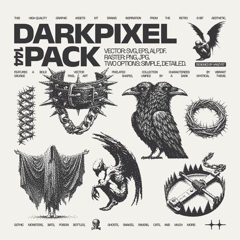 🎨🔥 New Drop: 144 DarkPixel Graphic Pack by @ivan_kamzyst Vanzyst! 🔥🎨 Get your hands on this high-quality kit inspired by the retro 8-bit vibes of the ‘80s and ‘90s. Dive into a bold pixelated collection with a dark mystical twist. Perfect for adding some gothic flair to your projects! Includes: 👾 Gothic monsters 👻 Ghosts 🪤 Traps 🧪 Poison bottles 🐍 Snakes 🦇 Bats 🦅 Ravens 🐱 Cats & more! Available in: 🖤 Simple (72 items): Low detail for icons & UIs. 💀 Detailed (72 items): High detail for illu... Arte Hippy, Poison Bottles, Vintage Paper Textures, Music Album Design, Graphic Assets, Pixel Font, Adobe Illustrator Cs6, Futuristic Fonts, Raster Image