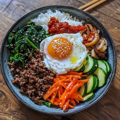 🍚 Discover the colorful and nutritious Bibimbap! A Korean classic full of flavor! 🍳 #Bibimbap #KoreanCuisine Bibimbap Ingredients: Cooked rice (2 cups) Ground beef (200g, cooked) Spinach (1 bunch, blanched) Carrots (1, julienned) Zucchini (1, julienned) Mushrooms (100g, sliced) Bean sprouts (100g, blanched) Gochujang sauce (2 tbsp) Sesame oil (1 tbsp) Sesame seeds (1 tbsp) Egg (1, fried) Soy sauce (1 tbsp) Instructions: Arrange cooked rice in bowls. Place ground beef, spinach, carrots, zu... Blanched Carrots, Ground Beef Spinach, Beef Bibimbap, Bibimbap Sauce, Bean Sprout Recipes, Cooked Spinach, Bibimbap Recipe, Gochujang Sauce, Instagram Recipes