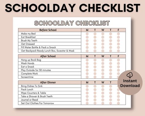 Schoolday checklist for kids | Printable Kids Chore Chart | Editable Before School, After School, Before Bed | Kids Responsibility Chart  𝗗𝗘𝗦𝗖𝗥𝗜𝗣𝗧𝗜𝗢𝗡  Check out this cute school day checklist,schoolday checklist,chore chart for kids,kids chore chart,kids daily checklist,kids school  planner,before school kids,after school kids,weekly chore chart,weekly cleaning,kids school charts,printable chores kid,kids printables that will help you alot...GET IT NOW Using a school day checklist dig School Day Checklist, Kids Weekly Chore Chart, Kids Responsibility Chart, Reward System For Kids, Checklist For Kids, Day Checklist, School Routine For Teens, Weekly Chore Charts, Kids Chore Chart