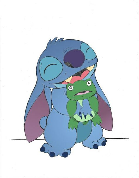 Stitch fanart with a frog Stitch Holding Frog, Stitch With Frog, Stitch Fanart, Lilo And Stitch 3, 626 Stitch, Angel Party, Lilo And Stitch 2002, Toothless And Stitch, Cartoon Tattoo