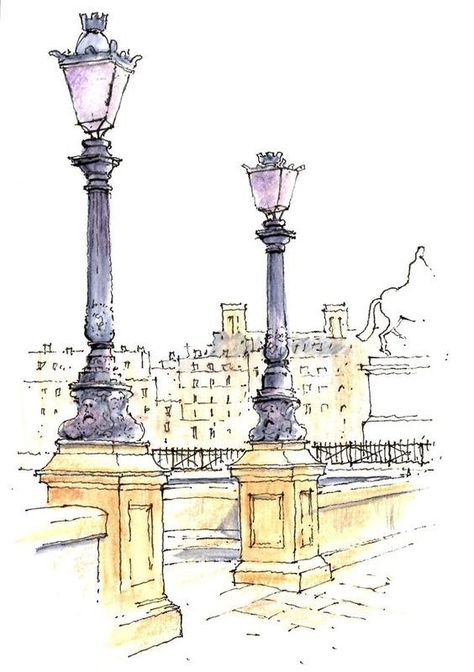 watercolor  bridge Paris Sketch, John Edwards, A Drawing, Cityscape, Lamps, Sketch, Paris, Travel