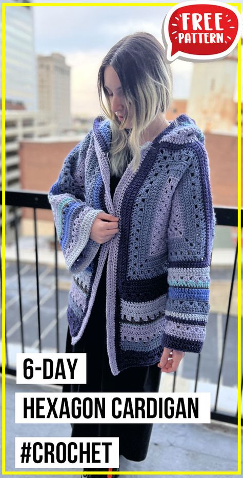 Hexagon Hooded Cardigan, Crochet Circle Cardigan Pattern Free, Crochet Pattern Hexagon Cardigan, 6 Day Hexagon Cardigan, Crocheted Cardigan Patterns Free Women, Crochet Campfire Cardigan Free Pattern, Hexi Cardi Crochet Pattern, Crochet Hexagon Cardigan With Hood, Crochet Hex Cardigan Pattern Free