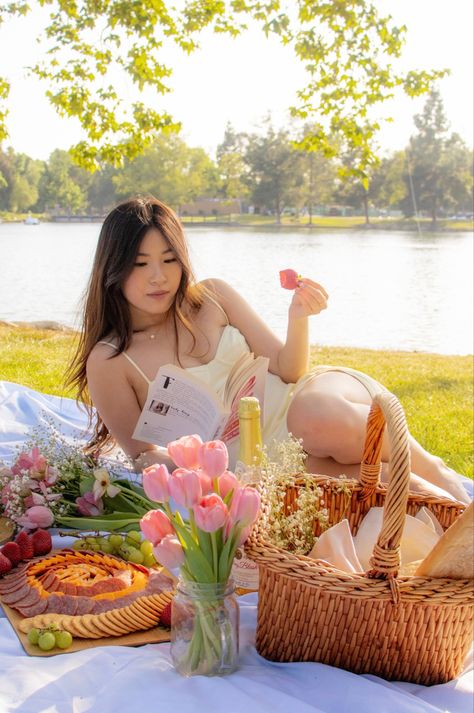 picnic inspo, picnic inspiration, picnic basket, lake, park picnic, charcuterie board, picnic pose ideas, picnic pose idea, picnic pose inspo, picnic pose inspiration, flowers, simple dress, pink, yellow, picnic setup ideas, picnic set up, tea set, apple cider, tulips Picnic Set Up Ideas Simple, Picnic Reference, Picnic Setup Ideas, Picnic Moodboard, Charcuterie Board Picnic, Princess Picnic, Propose Ideas, Picnic Charcuterie Board, Bestie Shoot