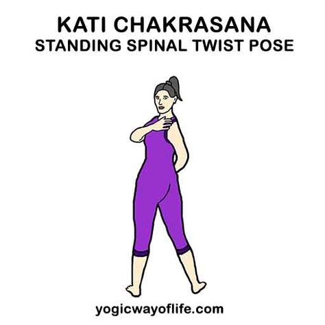 Kati Chakrasana - Standing Spinal Twist Pose - Yogic Way of Life Power Yoga Poses, Yoga Reading, Standing Yoga, Yoga Poses Names, Yoga Anatomy, Yoga Poses Advanced, Yoga Lessons, Yoga Props, Learn Yoga