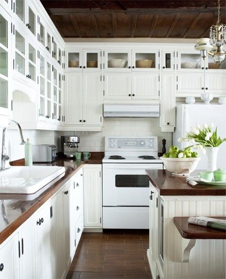 Off White Kitchen Cabinets, White Kitchen Appliances, Off White Kitchens, Wood Countertop, Galley Style Kitchen, Kitchen Wood, White Appliances, Cottage Kitchens, Subway Tiles