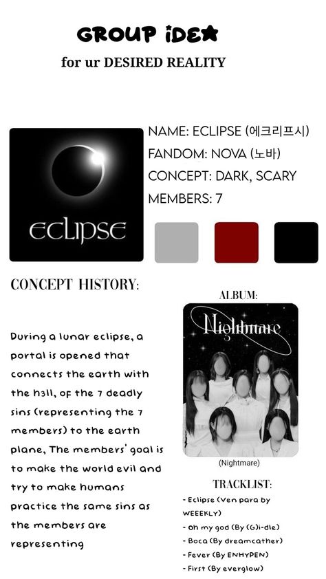 Eclipse Kpop Group, Kpop Imagines English, Kpop Group Introduction Ideas, Own Gg Dr Ideas, Kpop Gg Name Ideas, Kpop Dr Group Ideas, Kpop Dr Group Name Ideas, Idol Group Name Ideas, Fake Kpop Group Name Ideas Logo